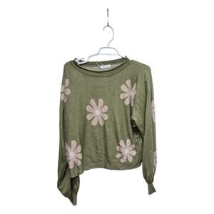 Ekouaer Daisy Knit Sweater Cropped Floral Green Medium